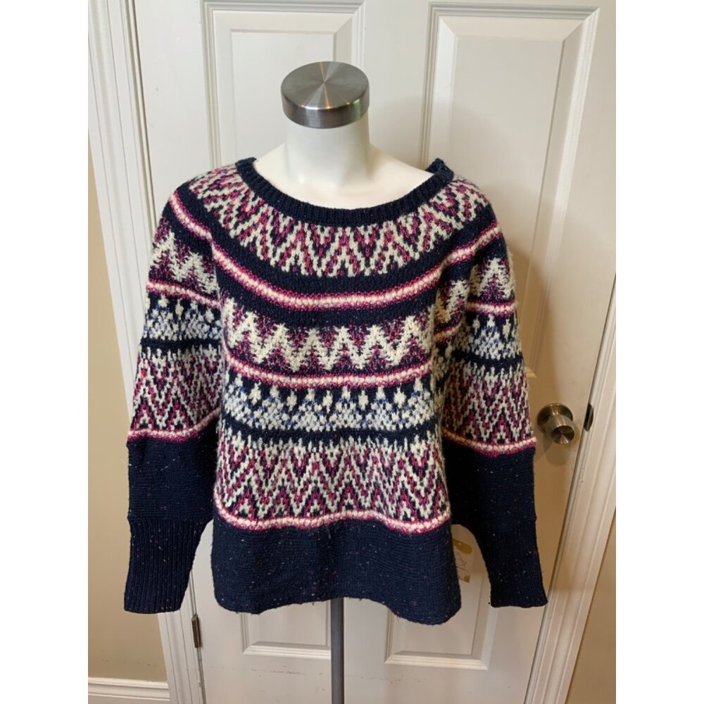 Sleeping on Snow Blue, Pink & White Nordic Wide Neck Sweater Poncho, Size XS/S